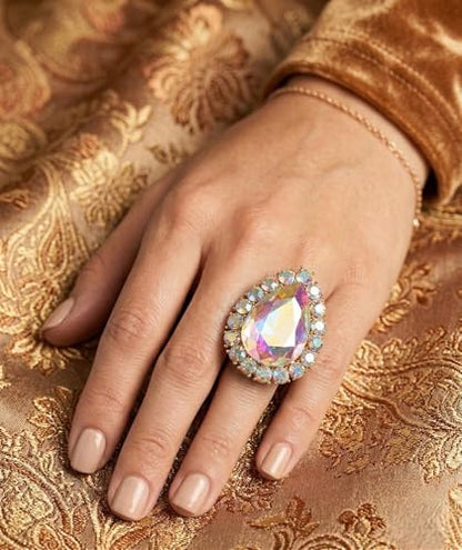NYFASHION101 Radiant Teardrop Stone Adjustable Cocktail Statement Ring - color: Aurora Borealis/Gold-Tone