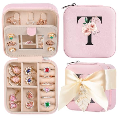 AYGXU Travel Jewelry Box for Women and Girls - Small Case With Initial A-Z - Teacher Gifts - color: pink, size: T