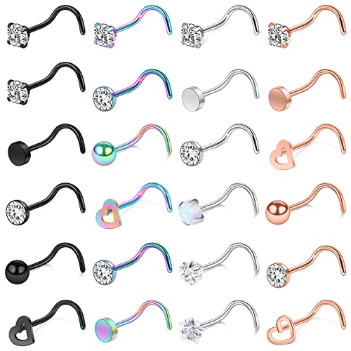 18G 20G Nose Rings Piercings Hypoallergenic Nose Studs 316L Surgical Steel Heart Nose Rings L Shaped Straight Screw Nose Piercing Jewelry for Women Men Silver Black Rose Gold Colorful - color: 18G Mix Color-Screw Shaped