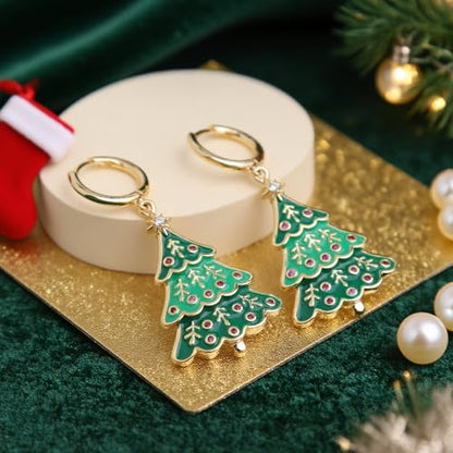 Sonateomber Gold Silver Small Hoop Dangle Earrings for Women, Trendy Dainty Rhinestone CZ Dangling Prom Wedding Leaf Flower Snowflake Butterfly Starfish Fashion Jewelry Gift - color: Green Tree