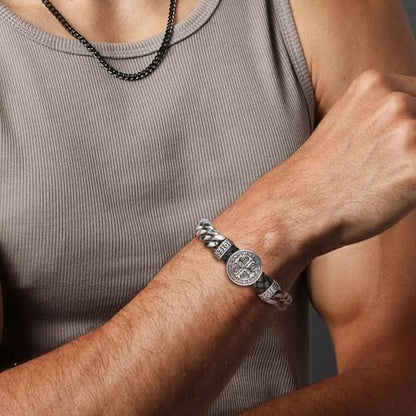 HZMAN 8.5Inch Cuban Link Bracelet for Men Silver Stainless Steel Heavy Biker Link Bracelet - color: St Benedict Cross
