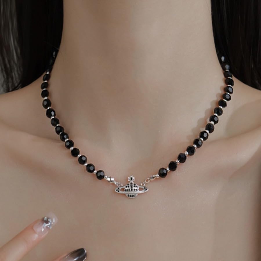 Dreuyet Saturn Pearl Necklace and Earrings Set Crystal Planet Earrings Dainty Artificial Pearl Choker Necklace Charm Gifts for Mum Wife Wedding Birthday Anniversary - color: Black