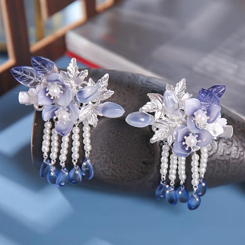 A Pair Wedding Hair Clips, Handmade Floral Design Crystal Hair Clips Pearl Barrettes, Rhinestones Flower Clips Pearl Headpieces Hair Pins Hair Accessories for Women Girls (Blue) - color: Blue