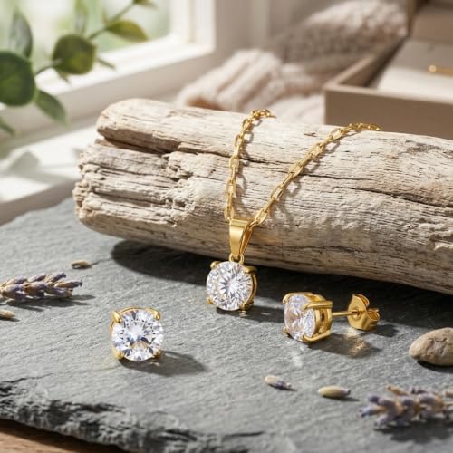 14K Gold Plated Crystal Jewelry set Cubic Zirconia Dainty Choker Necklace Earrings Stud Gold Necklaces for Women - color: Round CZ