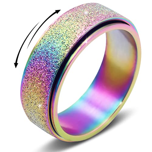 OreilleStar Titanium Stainless Steel Anxiety Ring for Women Men Fidget Spinner Ring, Size 6-12, Width 6MM, 5-Color: Rose Gold-Rainbow-Silver-Black-Blue - color: Rainbow_Width:8mm