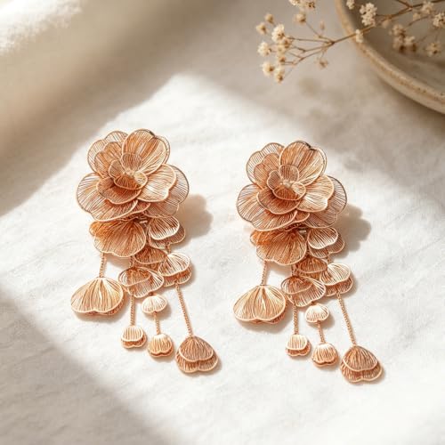 Dangle Flower Gold Earrings for Women, Trendy Statement Hoop Earrings, Gold Floral Drop Earrings Jewelry for Gifts - color: Long Flower - Gold