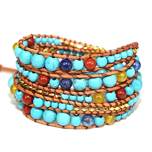 Boho Wrap Bead Bracelet for Women - Handmade Adjustable Natural Stone Beaded Bracelets Yoga Healing Bracelet Bangle Hippie Jewelry - color: Turquoise