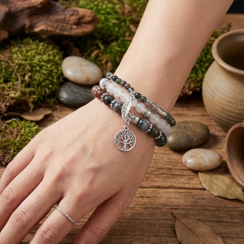 YGLINE Tree of Life Yoga Healing Stone Bracelets,Multilayer Lotus Chakra Stone Reiki Bracelet Sets,Anxiety Crystal Natural Stone,for Women Stress Relief - color: agate＆white marble-3w