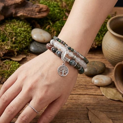 YGLINE Tree of Life Yoga Healing Stone Bracelets,Multilayer Lotus Chakra Stone Reiki Bracelet Sets,Anxiety Crystal Natural Stone,for Women Stress Relief - color: agate＆white marble-3w