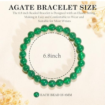 Agate Round Beaded Bracelet for Women Men Natural Agates Stone Healing Bracelets Stretch Elastic Handmade Polished Gemstone Beads Bracelet - color: Green, size: 8mm Beads