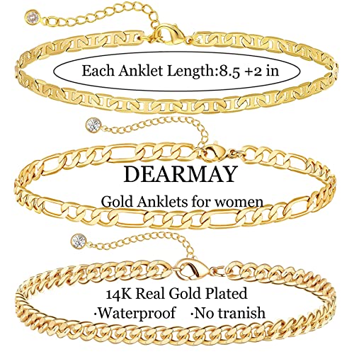 DEARMAY Gold Anklets for Women Waterproof | Non Tarnish14K Gold Plated Ankle Bracelets Set Stack, Summer Beach Jewelry Gifts for Vacation - color: Gold Anklet-E