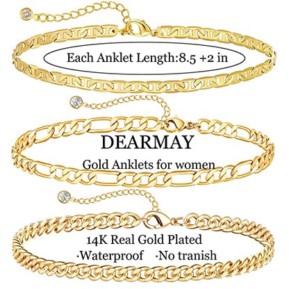 DEARMAY Gold Anklets for Women Waterproof | Non Tarnish14K Gold Plated Ankle Bracelets Set Stack, Summer Beach Jewelry Gifts for Vacation - color: Gold Anklet-E