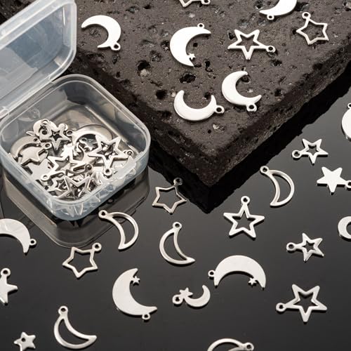 8-64Pcs Silver Goldern Color Heart Pendants Charms 10 Styles Heart Stainless Steel Metal Charms for Jewelry Making Crafting Necklaces Bracelets Earrings Keychains Birthday Gift - color: Moon Star-60 pcs