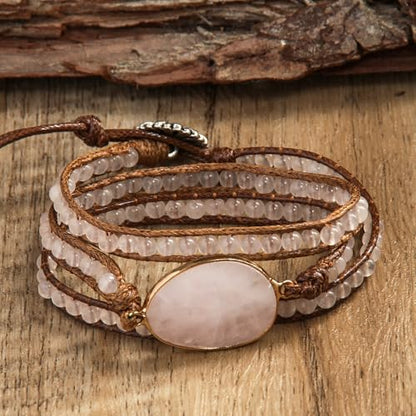 Handmade Boho Wrap Bracelets Natural Turquoise Crystal Stone Variety Beaded Strand Bracelet - color: Pink Quartz #2