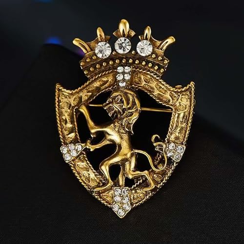 HETICA Vintage Animal Dragon Skull Wolf Crown Lion Brooch for Men Women Suit Tie Dress Lapel Pin Fashion Jewelry - style: Vintage Gold Crown Shield Lion