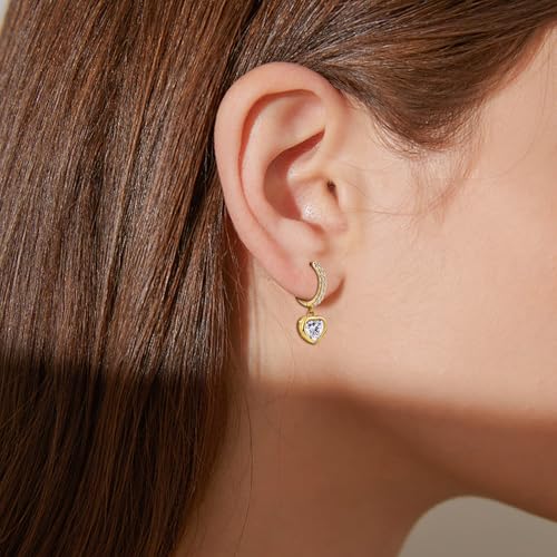 Heart Hoop Earrings with Dangle Sterling Silver Love Heart-Shaped Loop Earrings for Women Hypoallergenic Sparkle Birthstone Cubic Zirconia Hoop Earring with Dangling Charms Dainty Fashion Jewelry Gift - color: Gold-White