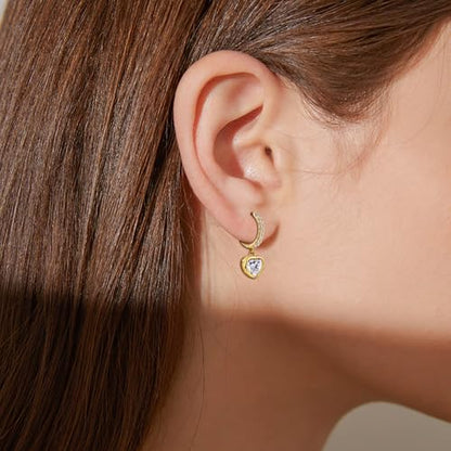 Heart Hoop Earrings with Dangle Sterling Silver Love Heart-Shaped Loop Earrings for Women Hypoallergenic Sparkle Birthstone Cubic Zirconia Hoop Earring with Dangling Charms Dainty Fashion Jewelry Gift - color: Gold-White
