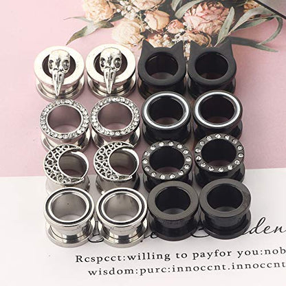 TIANCI FBYJS 8 Pairs Surigcal Stainless Steel Ear Gauges Black Plug Tunnels for Men Women Screw Hollow Earrings Gauges For Ear 00g 2g 0g -5/8'' inch Piercings Stretcher Set - style: 16MM=5/8''