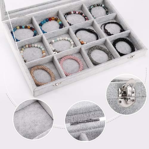 Emibele Jewelry Organizer Bracelet Storage Tray Box, 12 Grids Jewelry Tray | Clear Lid Velvet Jewelry Tray Box for Necklace Bracelets Bangles Watch Display Storage Organizer Box, Grey - style: J2- 12 Grids with Lid
