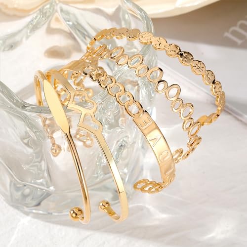 IFKM Gold Bangle Bracelets For Women, 14k Gold Plated Multi Layer Stackable Cuff Bracelet Set, Trendy Elegance Charms Non Tarnish Minimalist Textured Boho Jewelry Gift for Women - style: LOVE both