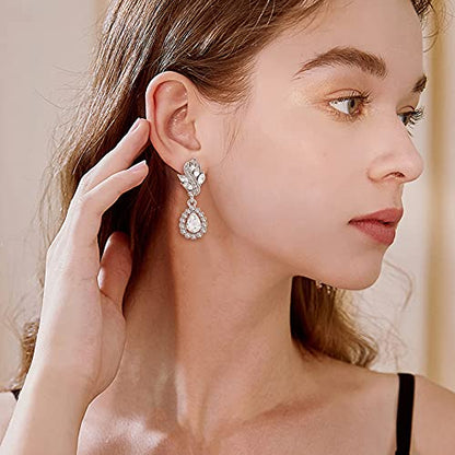 EleQueen Women's Austrian Crystal Art Deco Tear Drop Dangle Earrings Clip-on - color: 03-Silver-tone Clear