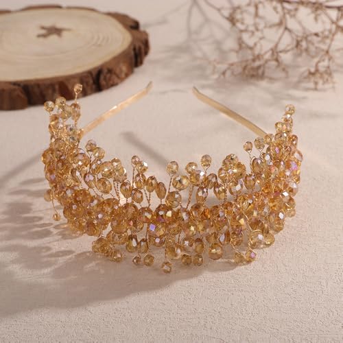 Denifery Large Crystal Headband for Wedding Bridal Hair Band Headpiece for Party Prom Hair Accessories (Champagne) - color: Champagne