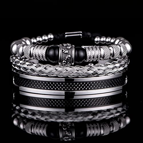 3pcs/set Classical Handmade Braiding Bracelet Hip Hop Men Pave CZ Leopard Head Roman Numeral Bracelet Stainless Steel Jewelry - color: 3pcs V Black