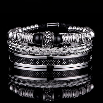3pcs/set Classical Handmade Braiding Bracelet Hip Hop Men Pave CZ Leopard Head Roman Numeral Bracelet Stainless Steel Jewelry - color: 3pcs V Black