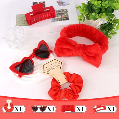 Semato 4 Pcs Red Bridesmaid Proposal Gifts Bridesmaid Spa Headband, Hair Claw Clips, Heart Shaped Sunglasses and Smooth Satin Scrunchies - color: Red