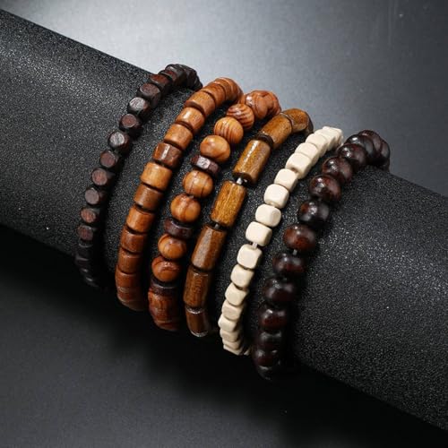 Mens Beaded Bracelets Tribal Wooden Elastic Adjustable Prayer Beads Wrap Cuff for Women - color: E: 6pcs