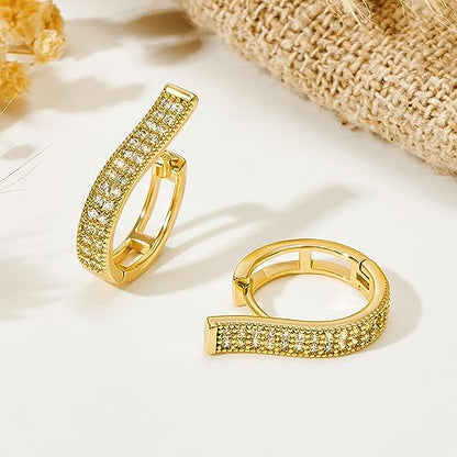 Huggie Hoop Earrings 14K Gold Plated Cubic Zirconia Dainty Simple Cute Beads Elegant CZ Circle Small Hoop Earring for Women Minimalist Handmade Hypoallergenic Jewelry - color: CZ- strip
