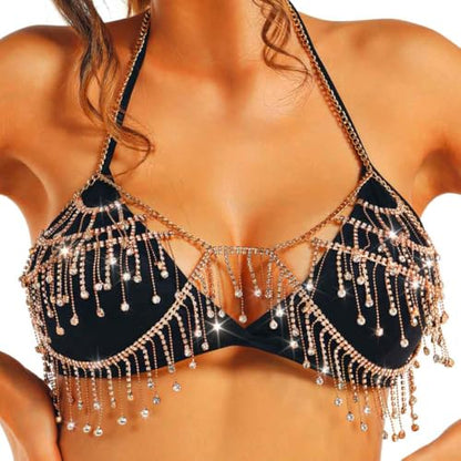 REETAN Rhinestone Fringe Bra Chain Gold Fashion Rave Body Jewelry for Women