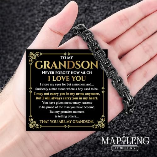 Grandson Gifts from Grandma Grandpa, Black Stainless Steel Bracelet with Meaningful Message Card, Birthday Gift for Grandson, Graduation Christmas Gift, Inspirational Keepsake Jewelry for Men - color: Grandson #1