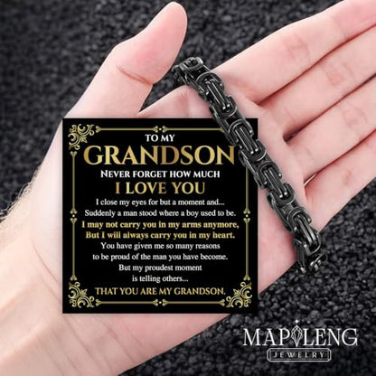 Grandson Gifts from Grandma Grandpa, Black Stainless Steel Bracelet with Meaningful Message Card, Birthday Gift for Grandson, Graduation Christmas Gift, Inspirational Keepsake Jewelry for Men - color: Grandson #1