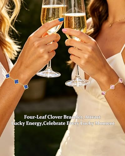 Four Leaf Clover Bracelet for Women 18K Gold Plated Stainless Steel 4 Leaf Link Chain Adjustable Bracelets Lucky Gift for Women/White/Black/Rich Red/Emerald Green/ Navy Blue/Pink Bracelets - color: Blue/Gold