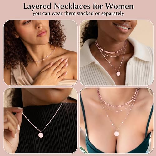 WomenGifts Layered Gold Necklaces for Women, 14K Gold Sterling Silver Plated Dainty Pendant Necklace Set Non Tarnish, Chunky Stackable Cuban Chain Choker, Trendy Birthstone Vacation Jewelry Gift - color: Rose Gold, style: Mirror Coin