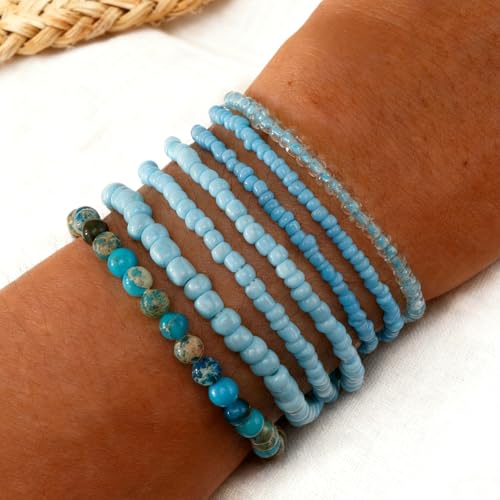 Handmade Stackable Rice Seed Beaded Ball Bracelets set for women, Romantic Boho Trendy Acrylic Glass Stretch Accessories Multi Layer Jewelry, Daily Wear Party Holiday Friendship Gift - color: Blue