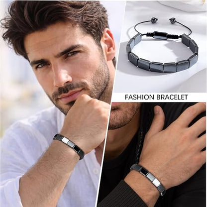 Hematite Bracelet for Men, Natural Hematite Stone Handmade Braided Rope Bracelets Healing Grounding Balance Inspirational Jewelry Birthday Gift for Him - color: Hematite-2