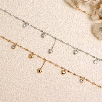 Silver Heart Charm Link Anklet for Women, Adjustable Handmade Cubic Zirconia Stackable Waterproof Summer Beach Chain Anklets Jewelry Accessories Gift - color: Gold Heart Charm