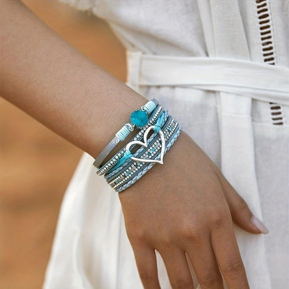 Womens Love Heart Leather Wrap Bracelet Multi-layer Stacked Bangle | Magnetic Clasp Soft PU Leather Resin Stone Rhinestone Boho Style Birthday Valentine Christmas Bohemian Jewelry Gift - color: Sky Blue