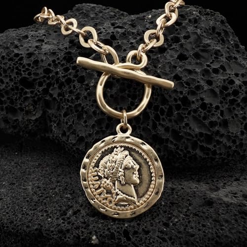 MISS SECRET Chunky Gold Necklaces for Women Coin Statement Necklace Antique Silver and Gold Chain Thick Toggle Pendant Trendy Fashion Jewelry - style: Worn Gold