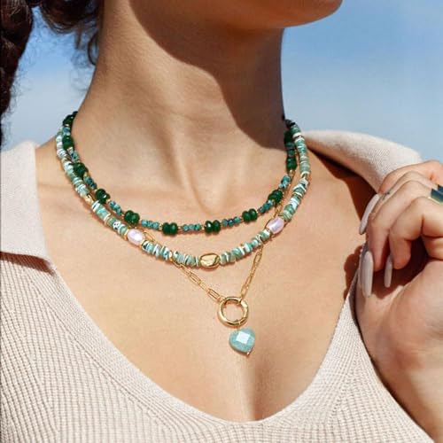 KissYan Beaded Necklaces for Women, Layered Pendant Choker for Summer | Stackable Colorful Natural Gemstone Handmade Beach Charm Chain Valentine's Jewelry Gifts For Girlfriend Wife Lover - style: Green Heart