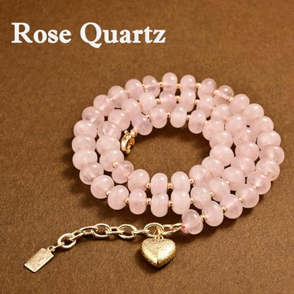 Boho Gemstone Beaded Necklace for Women – Colorful Natural Stone Choker 18K Solid Heart-Shaped Pendant, Summer Beach Jewelry - color: Rose Quartz