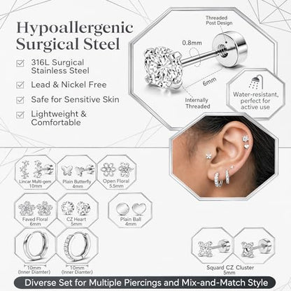 Surgical Stainless Steel Stud Earrings Set for Women | Hypoallergenic, Sensitive Flat Back, Small Cute Hoop Earring Sets, Lobe Helix Cartilage Stacks, Multiple Piercing Jewelry - color: Silver