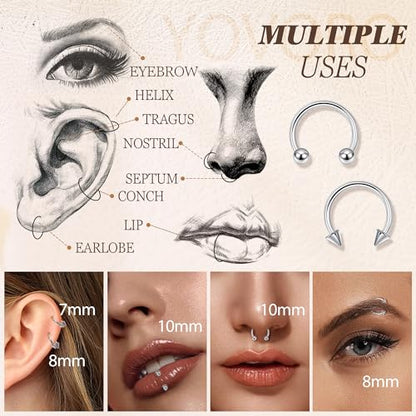 8Pcs 14G 16G 18G 20G Horseshoe Septum Nose Ring Helix Cartilage Earrings Hoops Hypoallergenic Tragus Daith Eyebrow Lip Ring Smily Piercing Jewelry Replacement Ball Spikes 7-12MM - color: Silver + Black, size: 16G