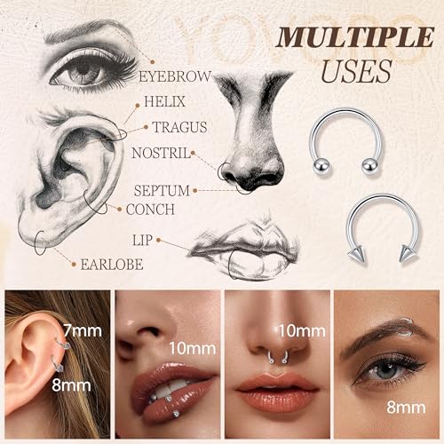 8Pcs 14G 16G 18G 20G Horseshoe Septum Nose Ring Helix Cartilage Earrings Hoops Hypoallergenic Tragus Daith Eyebrow Lip Ring Smily Piercing Jewelry Replacement Ball Spikes 7-12MM - color: Silver + Black, size: 18G