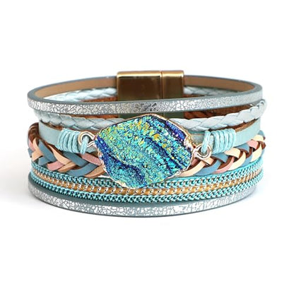 Fesciory Leather Wrap Bracelet for Women, Boho Western Layered Cuff Jewelry | Stackable Bracelets, Easy-On Clasp, Daily Wear, Pairs with Boho Western Outfits, Gift for Women - color: Blue2