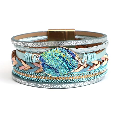 Fesciory Leather Wrap Bracelet for Women, Boho Western Layered Cuff Jewelry | Stackable Bracelets, Easy-On Clasp, Daily Wear, Pairs with Boho Western Outfits, Gift for Women - color: Blue2