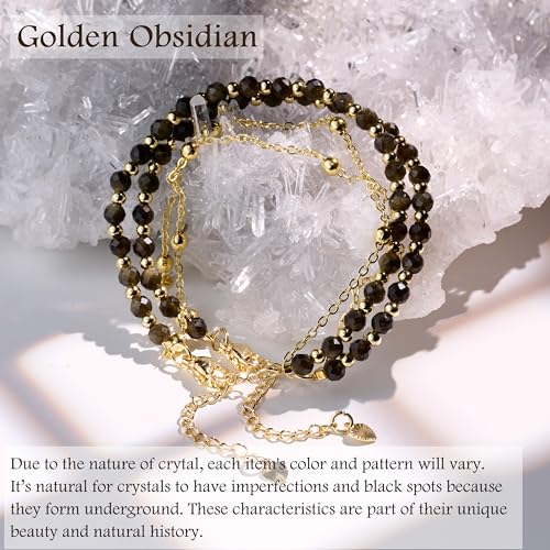 Farfume Crystal Beaded Bracelets for Women 4mm Natural Stone Jewelry Gifts | Natural Beads Gemstone,Handmade,Helper Tool,Yoga Protection,Hypoallergenic,Durability Wear - color: Golden Obsidian-Protection & Insight