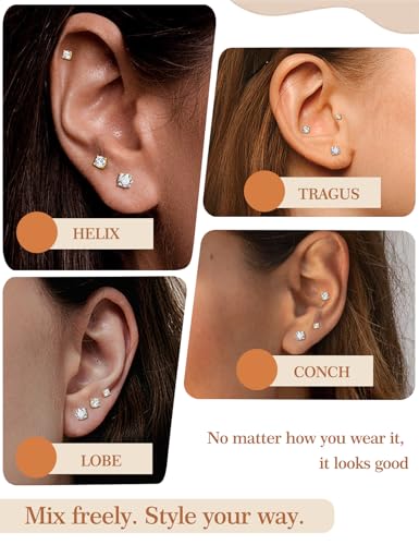 3 Pairs Moissanite Flatback Stud Earrings for Women, 925 Sterling Silver Hypoallergenic Flat Back Cartilage Earrings Set, 18K White Gold Plated - color: 14K Gold, size: 3,4,5mm